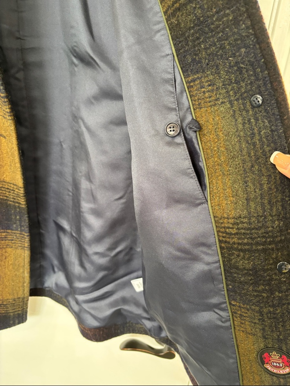 Pendleton Multicolor Plaid Wool Pea Coat in Mustard, Brown & Navy - Picture 7 of 8